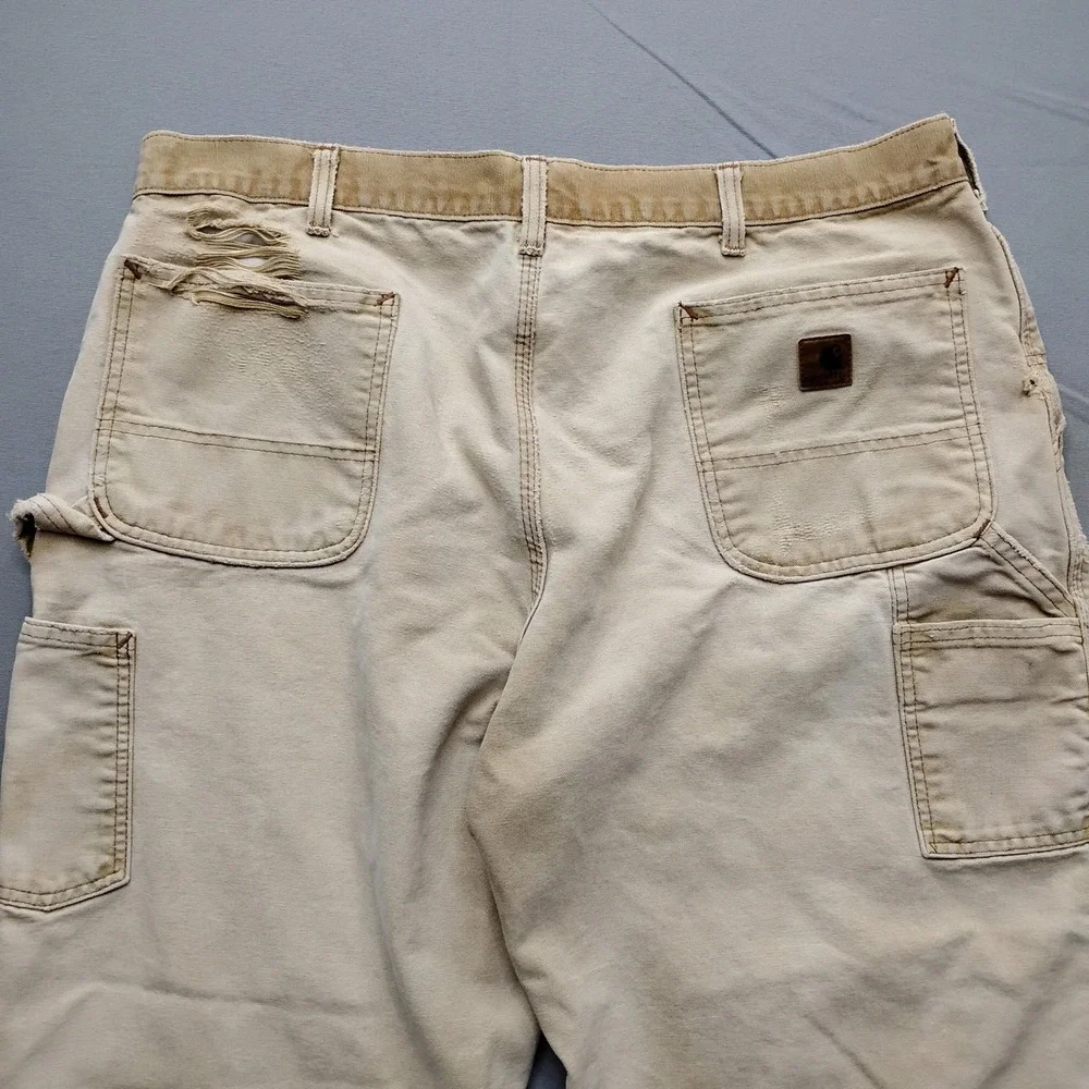 Vintage Carhartt Thrashed Carpenter Pants Tan Canvas Workwear 40x30 Distressed